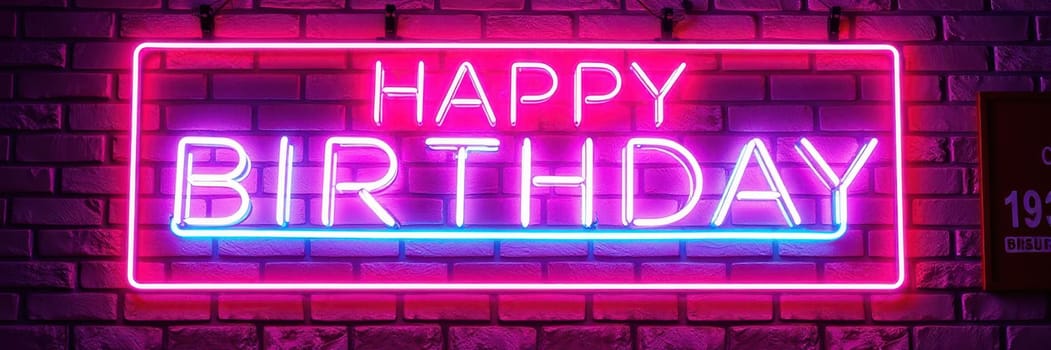 A vibrant neon sign reading Happy Birthday glows against a brick wall, creating a festive atmosphere for a birthday celebration in the evening.