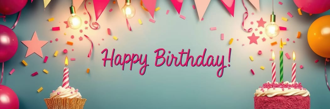 Vibrant birthday decorations fill the setting with colorful cakes, balloons, and streamers. The cheerful ambiance invites guests to celebrate a special occasion together joyfully.
