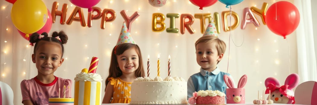 Three children enjoy a festive birthday celebration with balloons and delicious cakes, wearing party hats and smiling happily in a decorated room filled with lights.