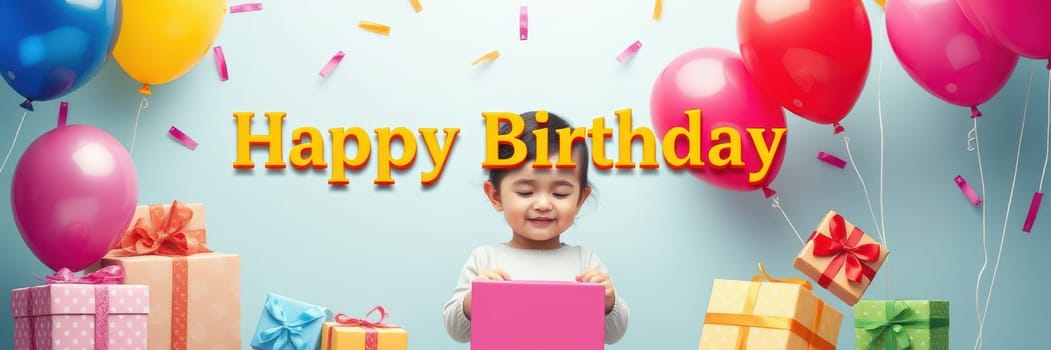A smiling child stands in front of a blue wall, eagerly opening a bright pink gift during a festive birthday party. Colorful balloons and wrapped presents create a joyful atmosphere.