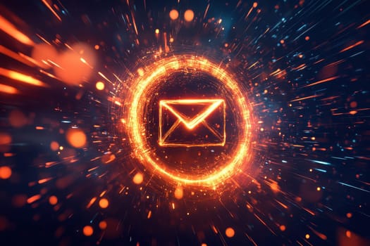 Dynamic and striking visual of an envelope icon surrounded by fiery particles and light effects. Ideal for digital communication themes.