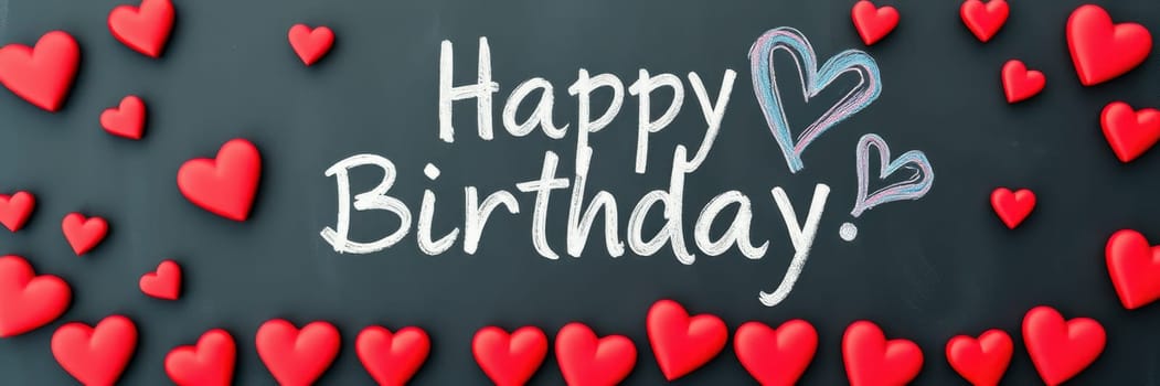 A chalkboard displays a joyful birthday message surrounded by vibrant red heart decorations, creating a festive atmosphere perfect for celebrations.