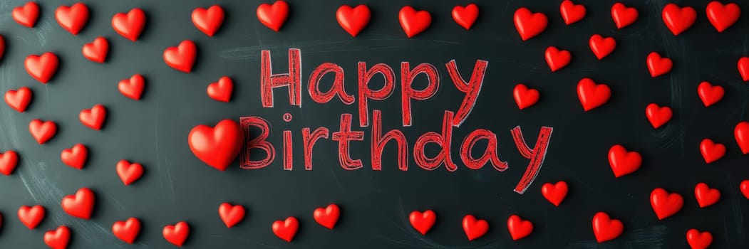 Red hearts surround cheerful birthday wishes written in chalk on a black backdrop, creating a festive and loving atmosphere for celebrating a special day.
