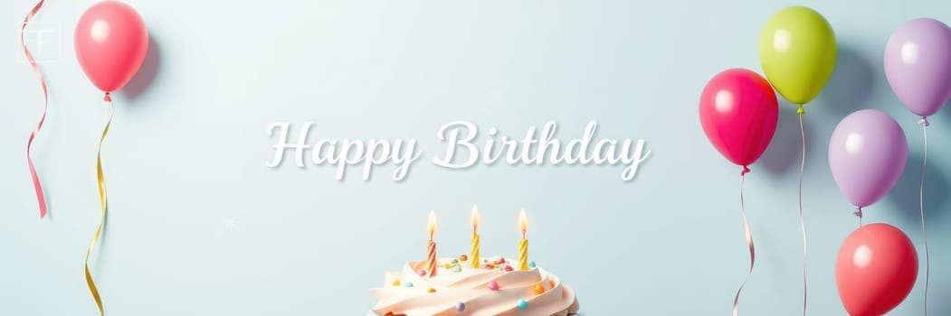 A festive setting features a cake adorned with candles, surrounded by colorful balloons in various shades, creating a joyful atmosphere for a birthday celebration.