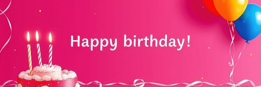 Festive atmosphere with vibrant balloons and a birthday cake featuring three lit candles. The warm pink background enhances the cheerful celebration vibe.