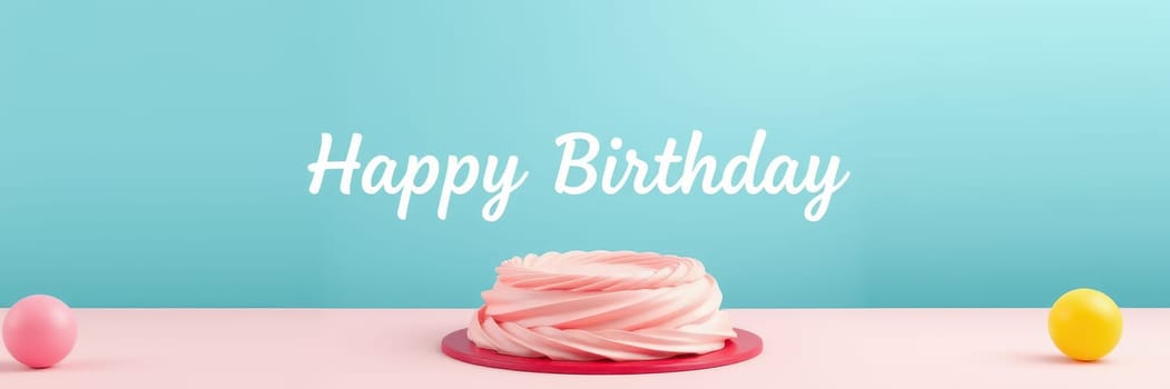 A delightful birthday cake is centered against a soft pastel background, accompanied by colorful decorations. Happy Birthday is written above, enhancing the festive atmosphere.