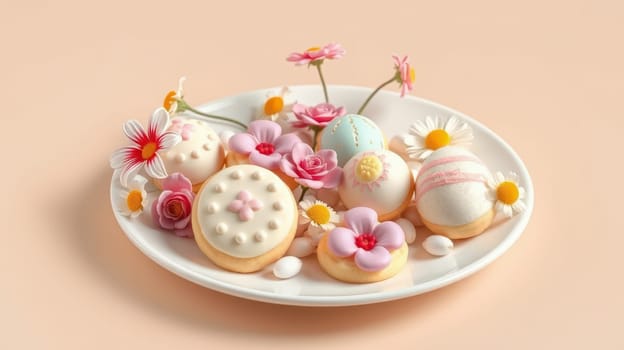 A plate displays an assortment of vibrant decorative cookies featuring pastel colors and floral designs. Edible flowers and small candies enhance the festive spring atmosphere.