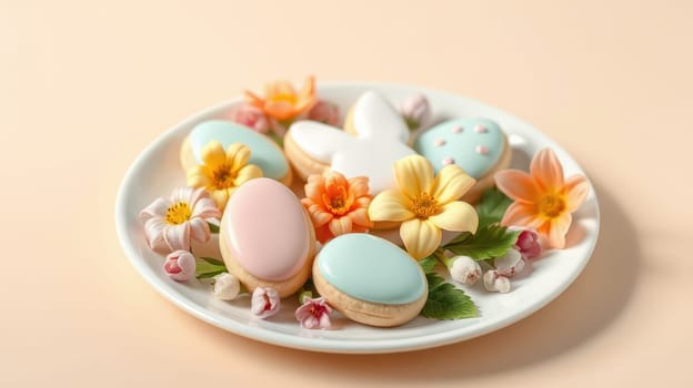A plate features beautifully decorated cookies in pastel colors shaped like eggs and bunnies, surrounded by vibrant flowers and soft greenery, celebrating spring.