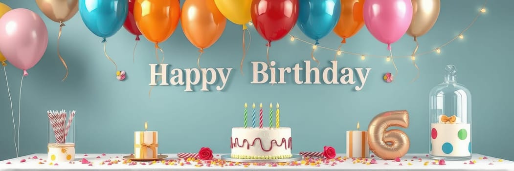 A joyful birthday setting featuring a beautifully decorated cake with candles, colorful balloons overhead, and festive decorations on a table, creating a cheerful atmosphere for celebration.