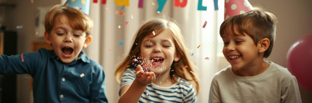 Three children celebrate a joyful birthday, delighting in confetti as they play together in a brightly decorated room filled with festive colors and decorations.