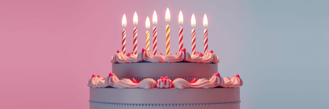A beautifully decorated birthday cake showcases vibrant frosting and numerous lit candles, inviting celebration during a joyful occasion. The cake's layers are elegantly presented under warm lighting.