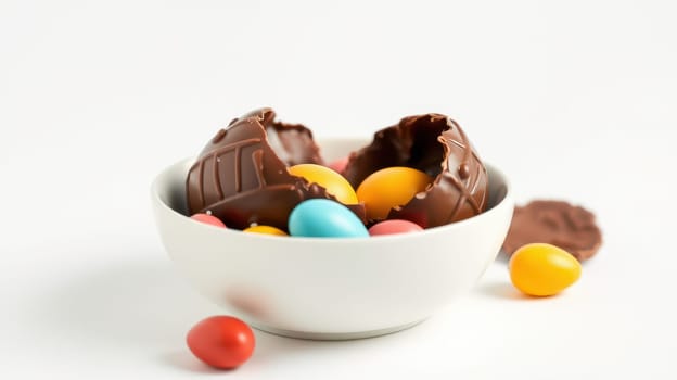 A bowl contains broken chocolate eggs revealing vibrant candies in various colors, perfect for festive occasions like Easter or celebrations. The arrangement is bright and inviting.