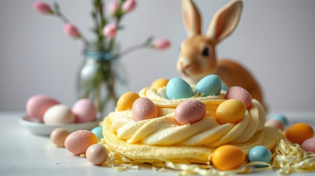 A vibrant dessert table showcases a layered cake adorned with pastel-colored eggs. A cute bunny figurine adds charm to the Easter celebration along with decorative spring flowers.