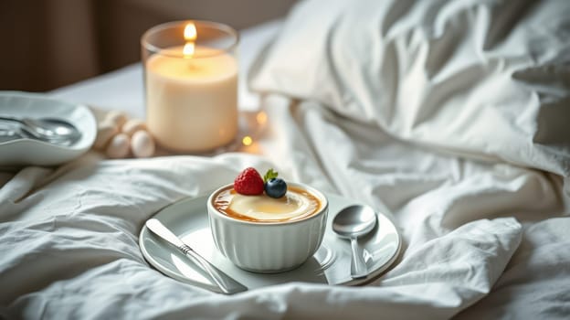 A delectable dessert served in a white bowl sits on a silver tray. A lit candle provides soft illumination, while a fresh strawberry and blueberry add color to the arrangement on crisp linens.