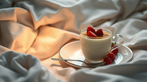 A delicious creamy dessert is served in a cup with fresh raspberries on top, placed on a plate beside a spoon, set against soft, cozy bedding in warm light.