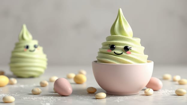 A whimsical bowl holds soft serve ice cream in mint green, complete with a happy face. Colorful candy pieces scatter around, creating a fun and inviting atmosphere.