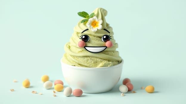 A delightful soft serve ice cream with a cheerful face sits in a white bowl. The green treat is topped with a flower and surrounded by colorful pastel candies, creating a playful atmosphere.