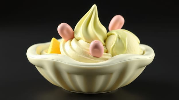 Creamy green dessert topped with pastel-colored accents is served in a decorative bowl. This delicious treat is ideal for a warm day, enticing the senses with its colorful presentation.