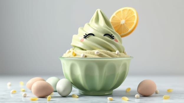 A luscious green tea soft serve is topped with a cheerful lemon slice and surrounded by decorative candy eggs in a light bowl. The setting evokes a playful dessert experience.