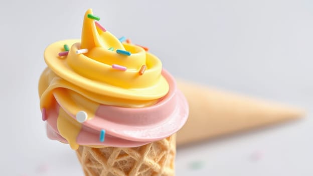 A delicious ice cream cone features a vibrant swirl of yellow and pink soft serve, adorned with colorful sprinkles, perfect for enjoying on a warm day.