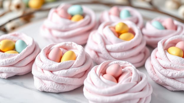 Sweet meringue nests feature soft pink swirls, each filled with vibrant candy eggs. Perfect for spring gatherings and festive occasions, these treats delight all ages.