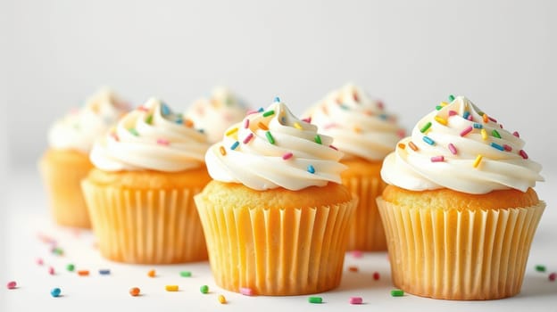Delicious vanilla cupcakes topped with creamy frosting and vibrant sprinkles are meticulously arranged on a clean surface, creating an inviting display for dessert lovers.