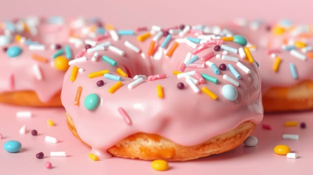 Three pink frosted donuts topped with colorful sprinkles are displayed on a soft pastel background. A delightful choice for sweet lovers and dessert enthusiasts enjoying a treat.