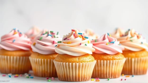 Six freshly baked cupcakes are lined up, each adorned with swirls of pink and white frosting, topped with rainbow sprinkles on a light, neutral background.