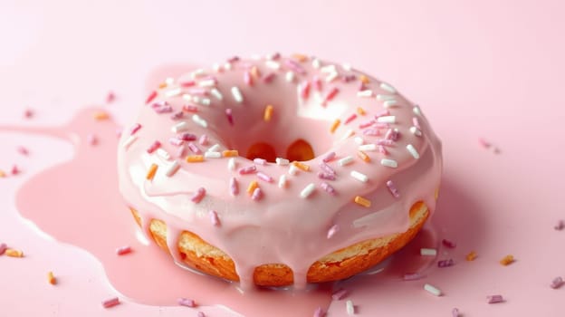 A pink glazed donut sits beautifully on a smooth pastel pink surface, adorned with vibrant sprinkles. The sweet treat appears enticing and ready to eat.