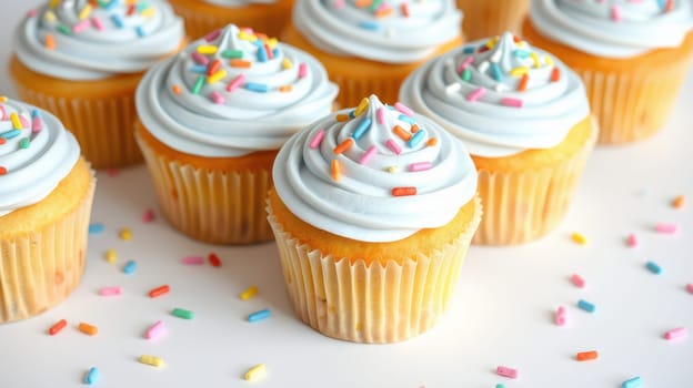 Sweet cupcakes topped with light blue frosting and vibrant sprinkles are beautifully arranged on a white surface. The treats create a festive and inviting atmosphere perfect for celebrations.
