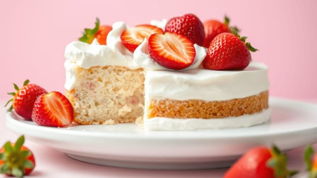A delicious cake with a fluffy texture is adorned with fresh strawberries and light whipped cream. The dessert is displayed on a white plate against a pink backdrop, inviting indulgence.