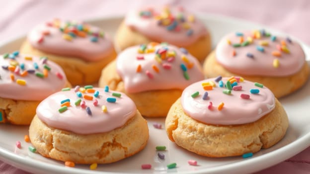 Soft cookies are beautifully decorated with pink icing and a colorful sprinkle mix, arranged on a white plate against a soft pink background, creating a delightful dessert display.