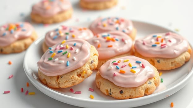 A plate filled with delicious cookies topped with smooth pink frosting and vibrant sprinkles. The cookies are freshly baked and arranged appealingly, inviting enjoyment.