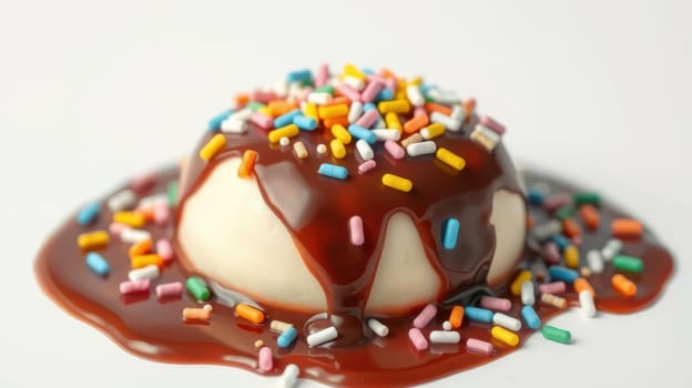 Creamy vanilla ice cream served in a dome shape, generously drizzled with thick chocolate sauce and scattered with vibrant sprinkles, creating an enticing treat.