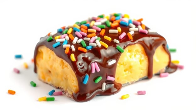 A delightful dessert featuring a creamy base covered in rich chocolate and topped with vibrant sprinkles. Perfect for celebrations or a sweet snack.