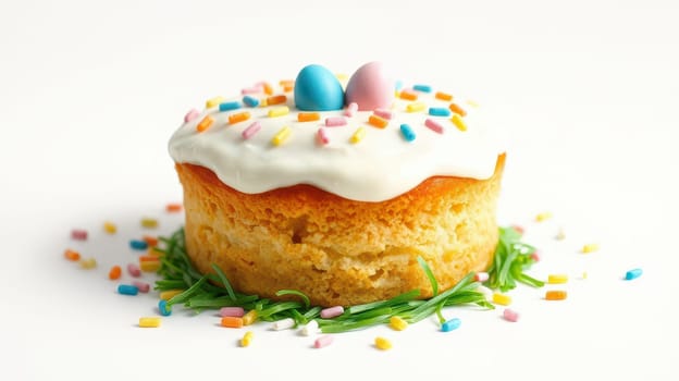 A beautifully decorated Easter cake features a creamy white frosting topped with pastel candy eggs and colorful sprinkles, surrounded by green shredded coconut.