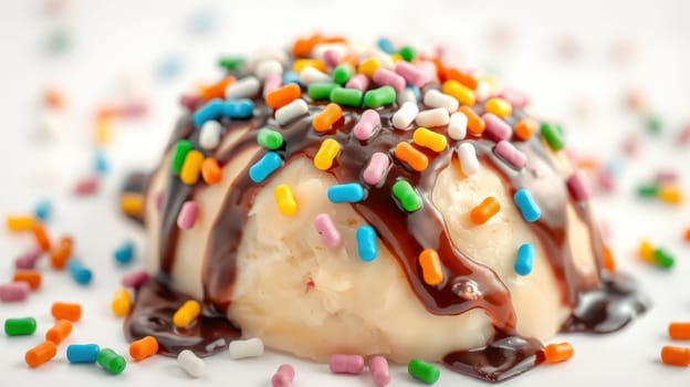A close-up view of a delightful dessert featuring creamy ice cream generously drizzled with chocolate sauce and adorned with vibrant sprinkles, perfect for summer celebrations.