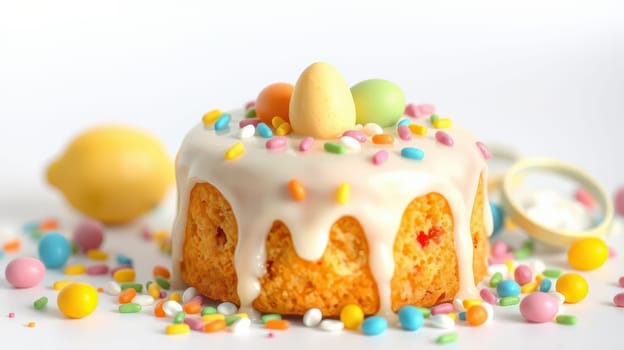 A festive cake topped with white icing, mini chocolate eggs, and colorful sprinkles sits on a table surrounded by assorted candies. Cheerful atmosphere captures the joy of Easter celebrations.