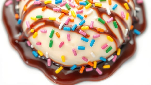A creamy scoop of ice cream is covered in rich chocolate sauce, sprinkled with vibrant confetti. The treat looks enticing and ready to be enjoyed at a celebration or special occasion.