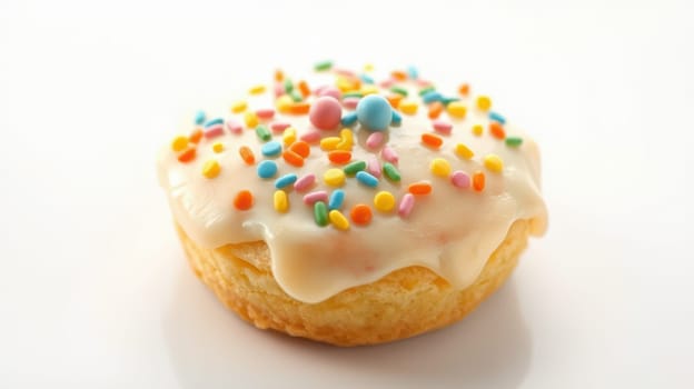 A frosted cupcake sits brightly on a plain surface, adorned with vibrant, colorful sprinkles that make it look inviting and perfect for any celebration or snack time.