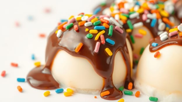 Creamy dessert features rich chocolate sauce drizzled over smooth ice cream, adorned with vibrant sprinkles, perfect for summer celebrations with friends and family.