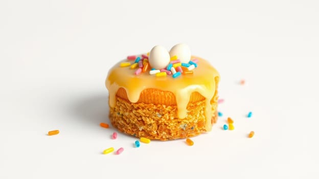 A circular dessert features a golden glaze, colorful sprinkles, and small candy eggs. It's presented on a white background, showcasing its vibrant design and tempting appearance.