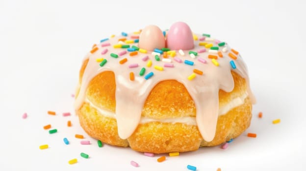 A vibrant dessert features a soft donut topped with creamy frosting, colorful sprinkles, and candy eggs. This festive treat is perfect for Easter gatherings and celebrations.