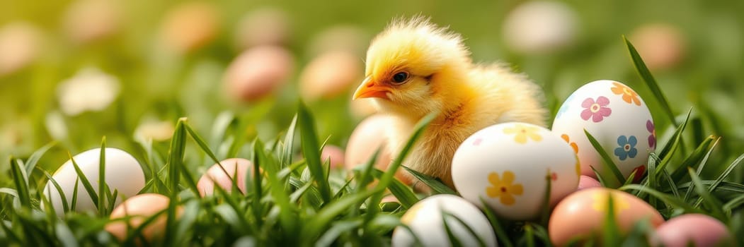 A small yellow chick sits among vibrant, decorated eggs on a lush green lawn, capturing the essence of spring festivities and Easter celebrations.