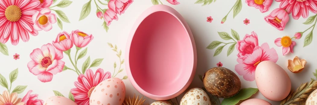 Various Easter eggs in pastel colors and patterns surround a pink oval egg holder on a floral backdrop. This arrangement celebrates the joy of spring and Easter traditions.