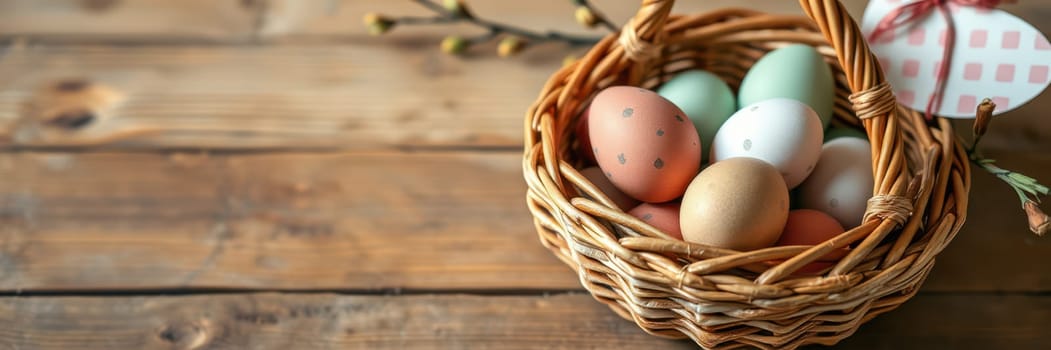 Brightly colored eggs in shades of pastel are carefully arranged in a woven basket on a rustic wooden surface, hinting at a spring celebration and Easter festivities.