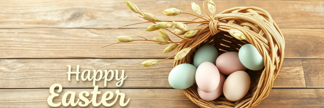 A woven basket contains pastel colored eggs resting on a rustic wooden background, highlighting the spirit of Easter and springtime joy with delicate floral accents.