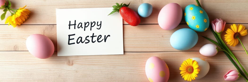 Vibrant Easter eggs in pastel colors are arranged with flowers and a card wishing Happy Easter. The setup is on a rustic wooden table, celebrating the festive spirit.