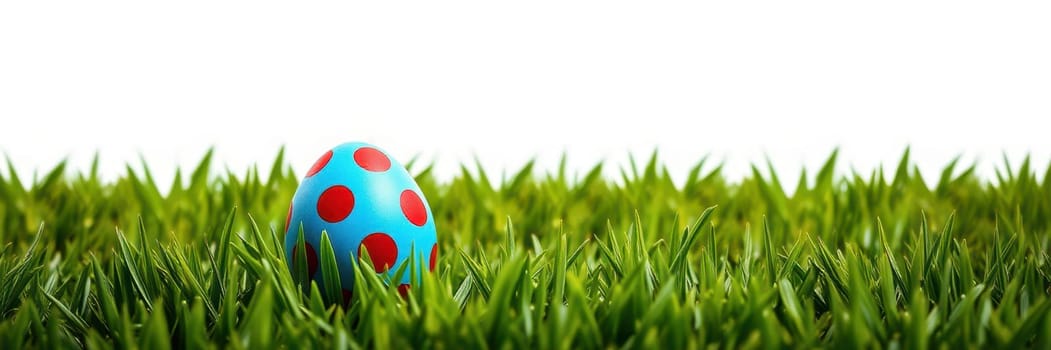 A bright blue egg with red polka dots stands out amid lush green grass, symbolizing Easter festivities and the joy of Easter egg hunts in spring.