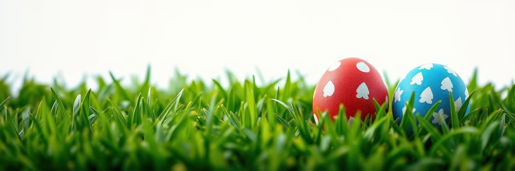 Two decorative Easter eggs, one red with white spots and one blue with white designs, sit on fresh green grass under a clear blue sky.